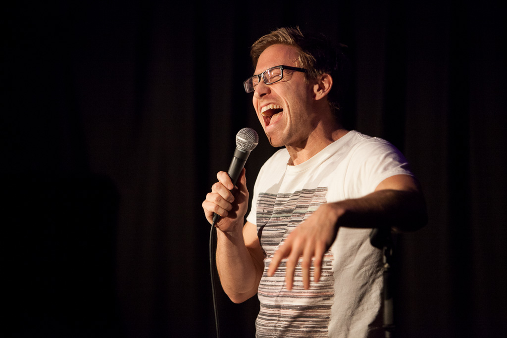 Comedian Russell Howard performs new material at a tiny charity gig.